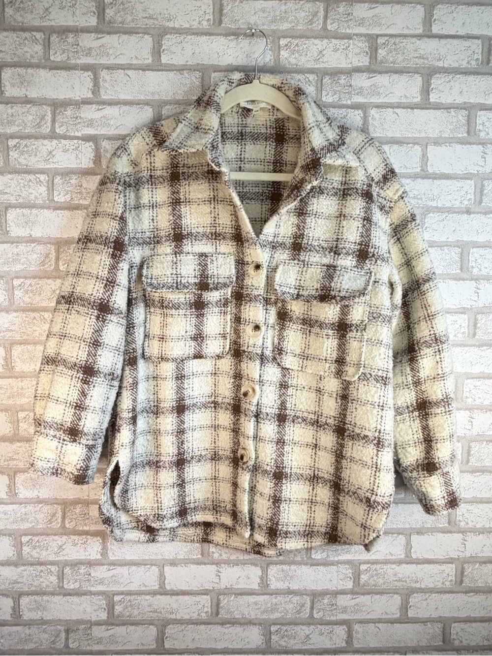 bohme Cream Plaid Button-Up Shacket with Brown Accents